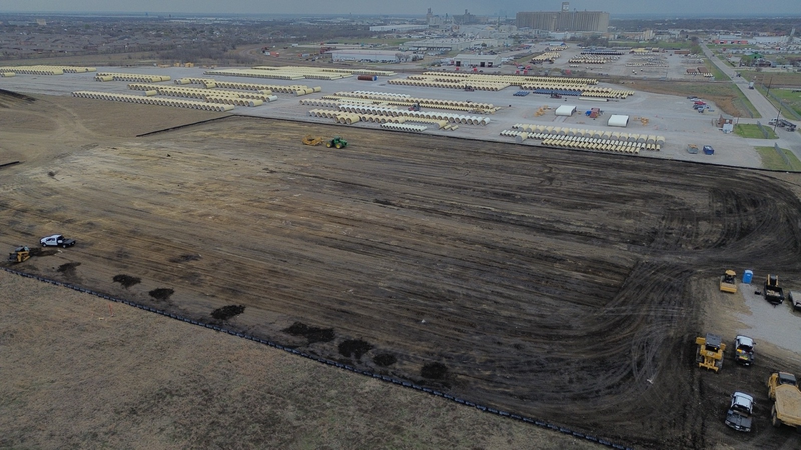 Graded pad for an industrial metal building in North Texas, aerial view